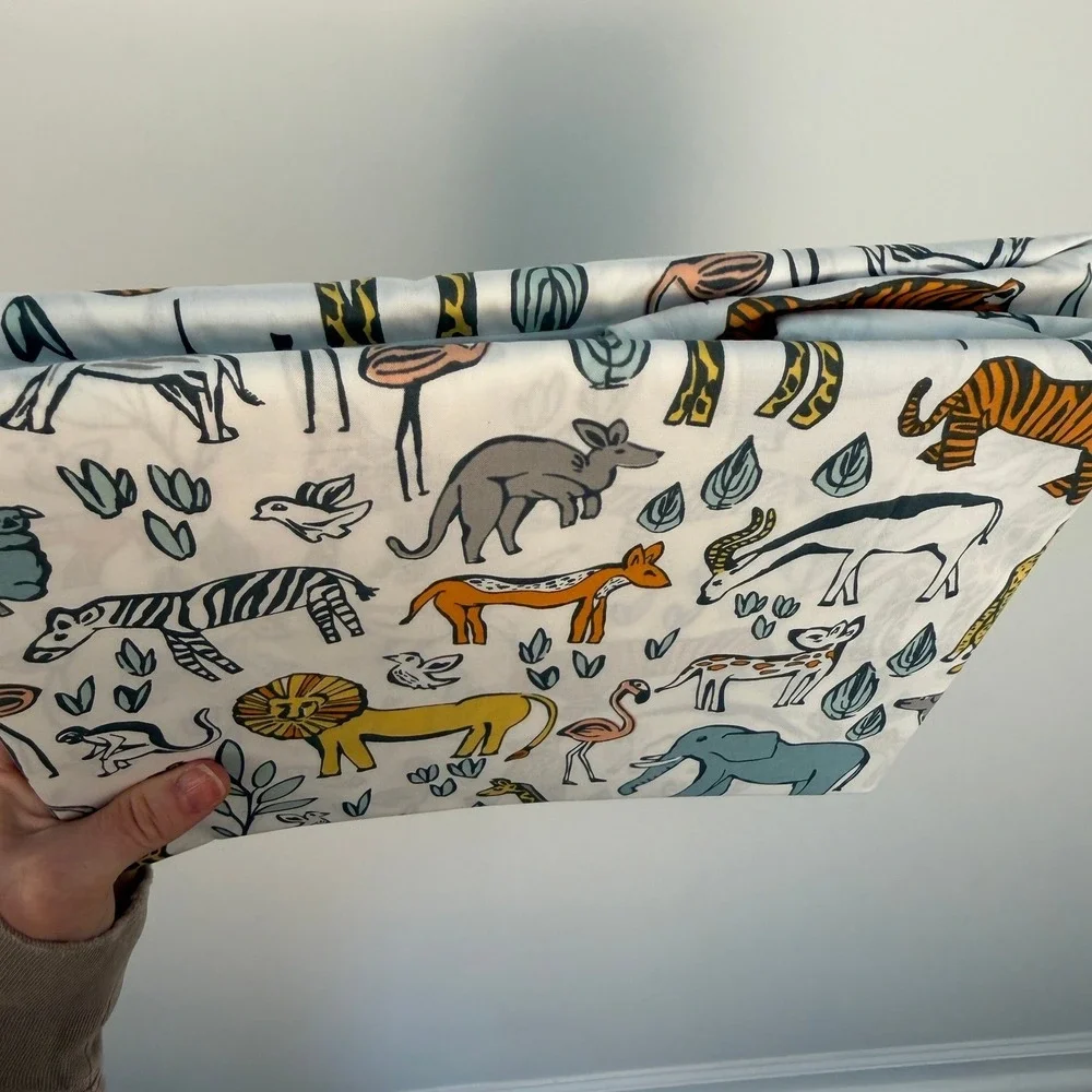 DwellStudio Safari Animal Crib Sheet Kids White Multicolor Cotton Modern Bedding